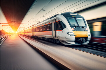 Obraz na płótnie Canvas railway station with modern commuter train at sun. Generative Ai