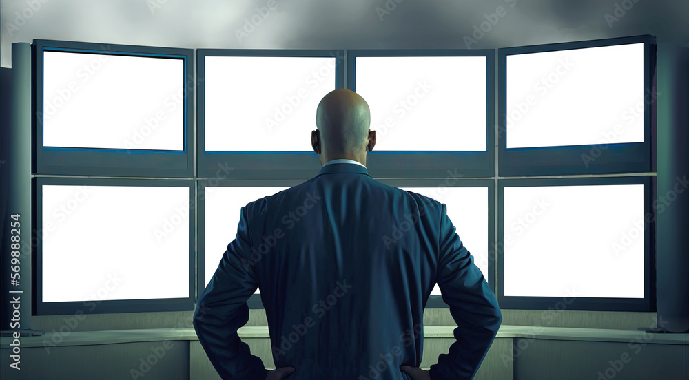 Poster a security guard monitors multiple screens standing in a control room. generative ai illustration wi