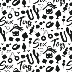 Seamless pattern with sex toys. Print for sex shop. Pattern with sex toys. Vector illustration. Silhouette style.