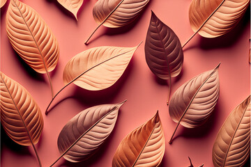Pattern  of  dry  orange  metallic  leaves  on  pink  background. Generative Ai