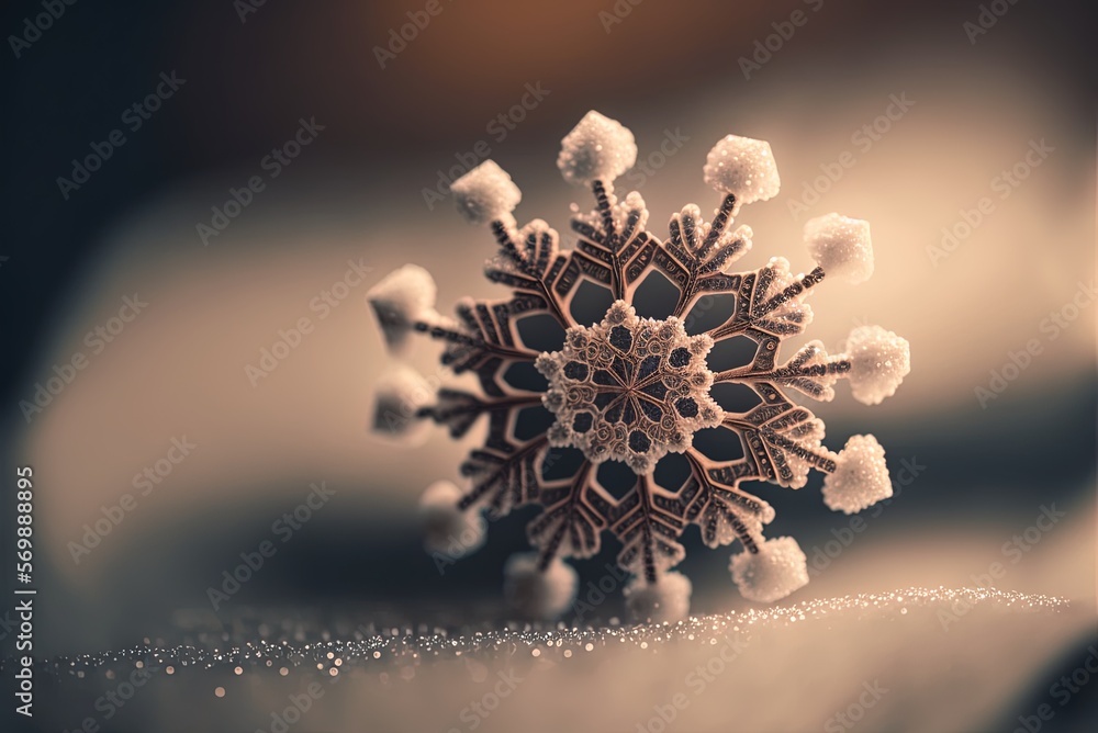 Poster a snowflake is in sharp focus against a bokeh backdrop. generative ai