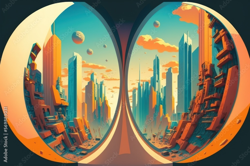 Poster futuristic multiverse world concept. downtown with skyscrapers skyline under and cityscape over. two