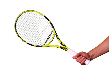 Adult man's hand holding tennis racket isolated on white background. - obrazy, fototapety, plakaty
