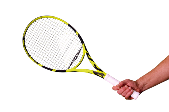 Adult man's hand holding tennis racket isolated on white background.