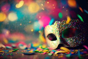 carnival mask on a colorful confetti background