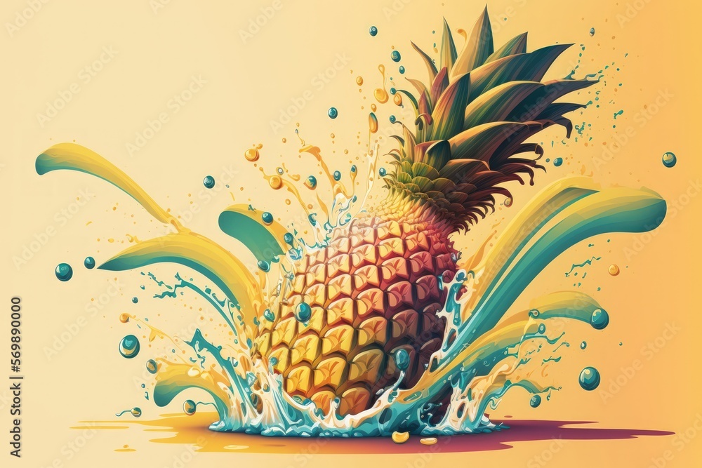 Poster fresh pineapple soaring with sprays of water over a background of yellow gradient. generative ai