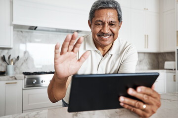 Man, tablet and wave on video call in home for virtual communication, connection and social network. Happy mature guy with digital technology, hello and voip online with smile, happiness and web app