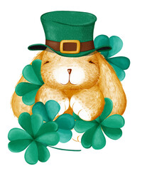Cute St.Patrick's Day plush fluffy baby bunny or rabbit in an Irish hat with clover and shamrock. Cartoon child character. Digital watercolor illustration. Greeting card. Stylized decorative symbol.