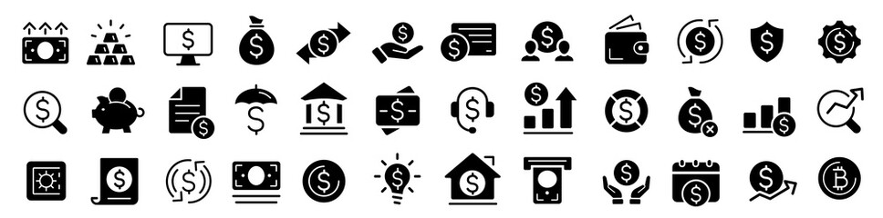 Money and finance icon vector set. Set Flat Business Icons. Money, finance, payments elements. Set of Banking, Wallet and Coins icons. Credit card, Currency exchange and Cashback money service.