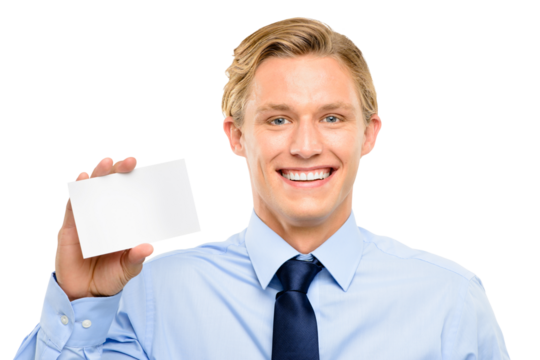 An attractive young businessman holding a blank card isolated on a png background. - Powered by Adobe