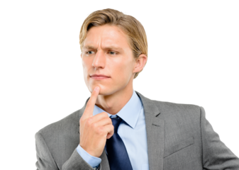 A serious trendy entrepreneur in a business suit looking contemplative and posing with his finger on his chin isolated on a png background.