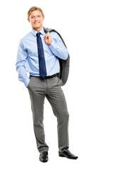 A trendy young business executive smiling and posing with his one hand in the pocket and carrying a business suit over his shoulder isolated on a png background