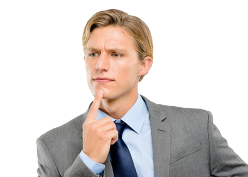 A serious trendy entrepreneur in a business suit looking contemplative and posing with his finger on his chin isolated on a png background.