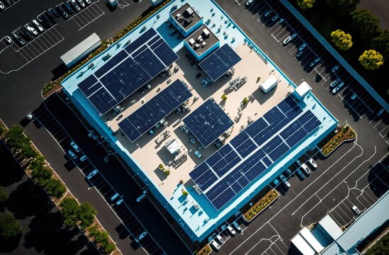 Solaranlage auf dem Dach eines Supermarktes. &Ouml;ffentliche Solarenergie Fl&auml;chen nutzen. Gr&uuml;ne Energie Konzepte in Gewerbegebieten. Sonnenenergie wirtschaftlich verwenden und betreiben.