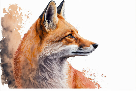 Watercolor Wild Animal Red Fox Looking Up Side View. Generative Ai