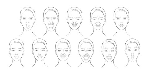 Faces expressions with different mood. Positive, negative feelings, happy, smiling, laughing, astonished, surprised, discontent, unhappy, depression human emotions collection set