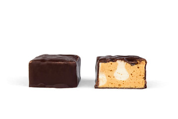 Chocolate candies souffle Tiramisu on white background.