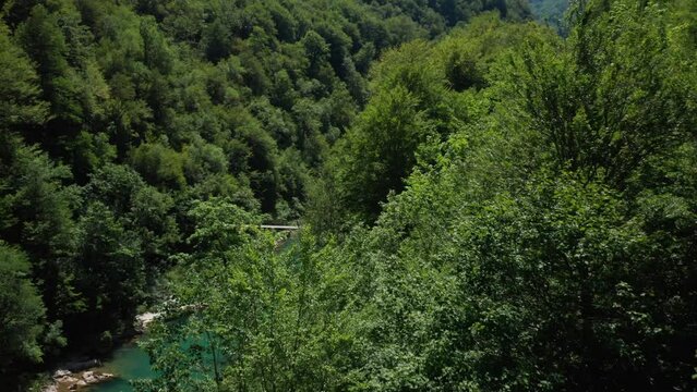 Premcan Bridge on River Tara. Tara river winds its way through dense forests and rolling hills. Premcanski drveni Most na Rijeci tari
