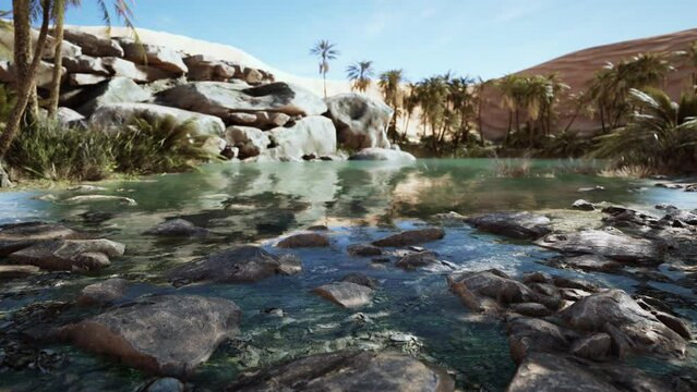 Oasis lake in desert surrounded high yellow sand dunes