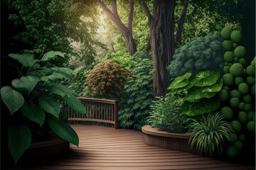 Wooden terrace surrounded by greenery. Generative Ai