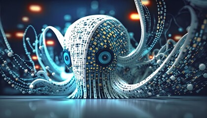 Datenkraken as futuristic AI android as center of data gathering network in cinematic lighting, photoreal, realistic created with generative ai technology