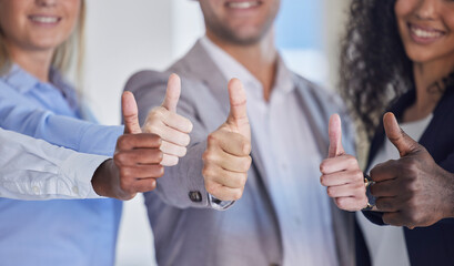 Thumbs up, hands and business people agreement with diversity, yes and success with motivation and...