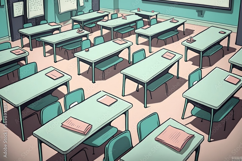 Poster exam tables and chairs set up in a uk school. generative ai