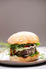 Beef burger with melted cheese in a bun