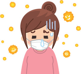 花粉によるアレルギー症状に悩まされる女性　花粉症　倦怠感　鼻水
