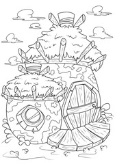 Coloring book for children. Fairytale hut in wigwam style. The task for children can be used in a book or magazine.