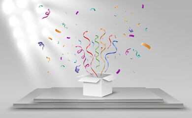 Box with flying confetti.Illustration for the holiday.
