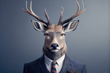 Portrait of a deer with antlers dressed in a business suit in a studio photo. Generative AI. 