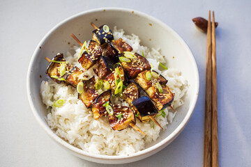 Miso aubergine with seasme seeds and rice