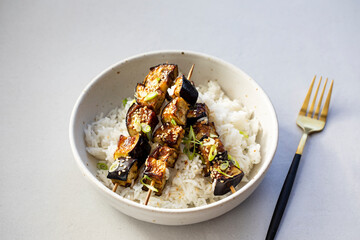 Miso aubergine with seasme seeds and rice