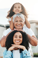 Portrait of happy family child, mother and grandmother bonding, smile and enjoy quality summer time...