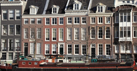 Amsterdam Amstel House Facades with Houseboat, Netherlands