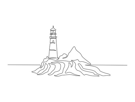 Continuous one line drawing of lighthouse tower. Simple illustration of castle hill tower, sea coast line art vector illustration