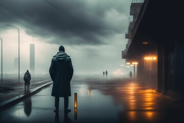 Fototapeta na wymiar A man in a coat in an apocalyptic world