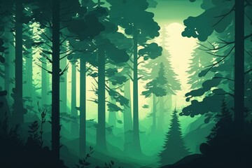 glimpse of a vast, emerald green deciduous and pine forest in the early morning mist. silhouettes of trees. sunlight in its purest form. a surreal atmosphere and a summer scene. Generative AI