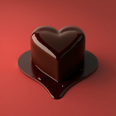 A melted heart-shaped chocolate ornament. Scarlet colored background. Created using generative AI and image-editing software.