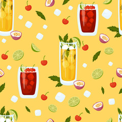Seamless pattern with Mexican cocktails. Passion Fruit Mojito and Cherry limeade drink in glass on yellow background with ice cubes, lime and mint. Vector pattern with latin american drink