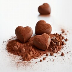 Heart-shaped chocolates covered in cocoa powder on a white table. Created using generative AI and image-editing software.