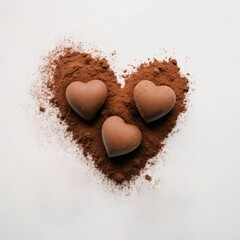 Obraz na płótnie Canvas Three heart-shaped chocolates on heart-shaped cocoa powder. Created using generative AI and image-editing software.
