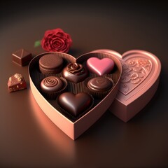 Valentine's Day chocolates in an old rose-colored heart-shaped box. It is accompanied by a rose. Created using generative AI and image-editing software.