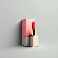 Red lipstick in front of pink box. Gray background. Created using generative AI and image-editing software.