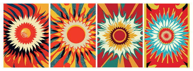 Fototapeta na wymiar Set of backgrounds for the sun text. Set of backgrounds for hippie text, positive art, hippie art, psychedelic art inspired by the 1970s, 1960s. The poster is bright sunny. Solar Art Festival. 