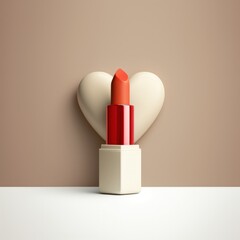 Orange lipstick in front of white heart-shaped object. Beige background. Created using generative AI and image-editing software.