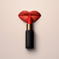 Red lipstick in front of lips. Shell pink background. Created using generative AI and image-editing software.