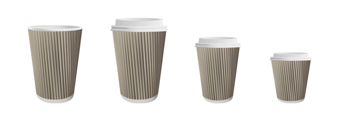 Realistic set of paper coffee cups on white background.
