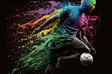 Fototapety  Man Kicking Soccer Ball Covered in Paint - Trending Digital Art with Colorful Uniforms, Generative AI